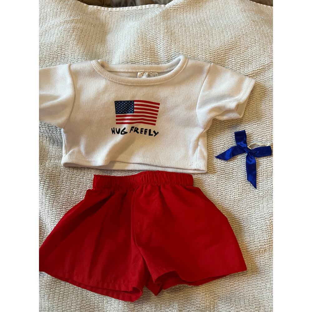 Build A Bear Workshop White Flag T-Shirt & Red Short Bow Bear Clothing Set